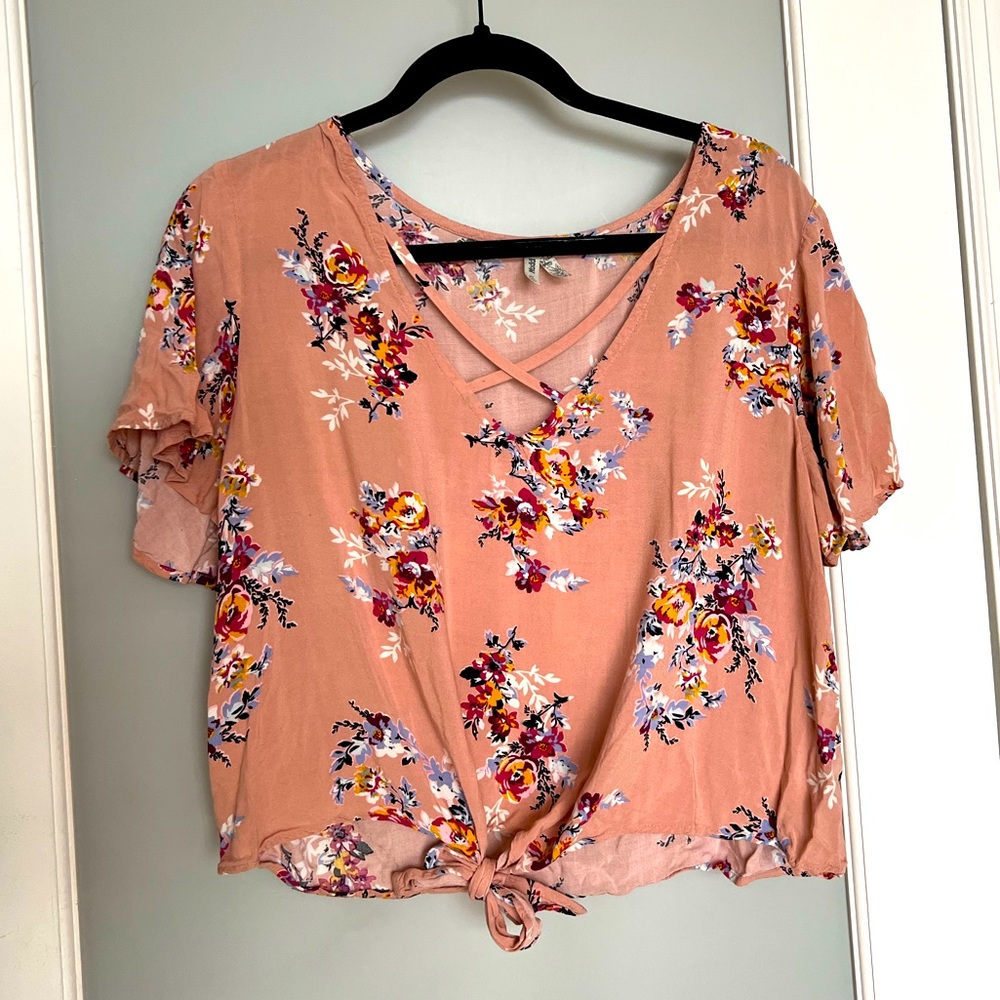 Pink floral print front tie crop top, Loose Ruffle Sleeves - XL
